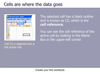 Cells are where the data goes Cell C5 is selected and is the active cell. The selected cell has a black outline and is known as C5, which is the  cell reference .  You can see the cell reference of the active cell by looking in the   Name Box in the upper-left corner.  
