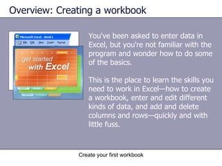 You've been asked to enter data in Excel, but you're not familiar with the program and wonder how to do some of the basics. Overview: Creating a workbook This is the place to learn the skills you need to work in Excel—how to create a workbook, enter and edit different kinds of data, and add and delete columns and rows—quickly and with little fuss. 