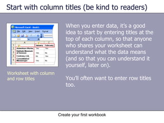 Start with column titles (be kind to readers) When you enter data, it’s a good idea to start by entering titles at the top of each column, so that anyone who shares your worksheet can understand what the data means (and so that you can understand it yourself, later on). You’ll often want to enter row titles too.  Worksheet with column and row titles 