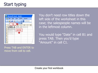 Start typing You don’t need row titles down the left side of the worksheet in this case; the salespeople names will be in the leftmost column. You would type “Date” in cell B1 and press TAB. Then you’d type “Amount” in cell C1.  Press TAB and ENTER to move from cell to cell. 