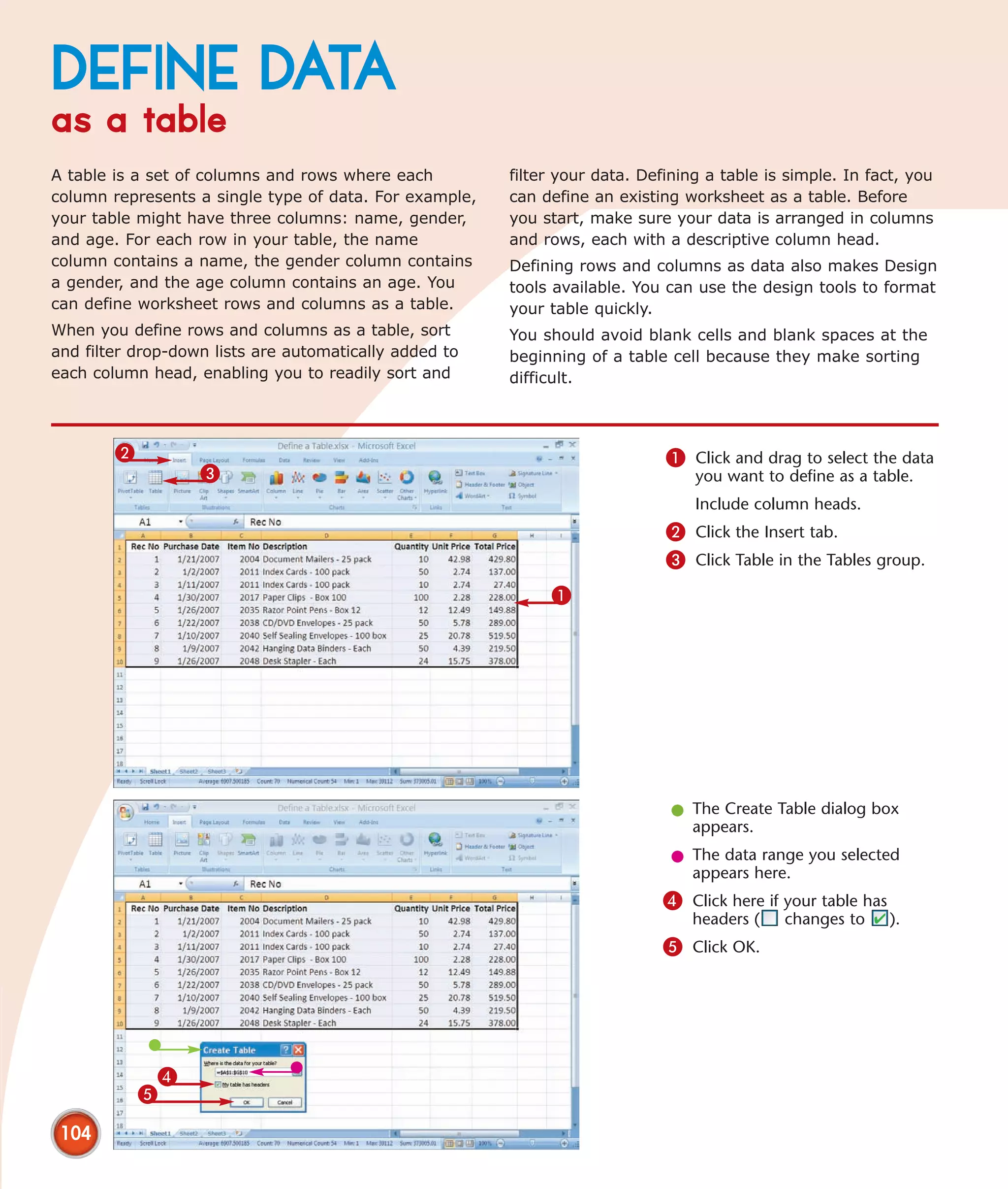 DEFINE DATA
as a table
A table is a set of columns and rows where each         filter your data. Defining a table is simple. In fact, you
column represents a single type of data. For example,   can define an existing worksheet as a table. Before
your table might have three columns: name, gender,      you start, make sure your data is arranged in columns
and age. For each row in your table, the name           and rows, each with a descriptive column head.
column contains a name, the gender column contains      Defining rows and columns as data also makes Design
a gender, and the age column contains an age. You       tools available. You can use the design tools to format
can define worksheet rows and columns as a table.       your table quickly.
When you define rows and columns as a table, sort       You should avoid blank cells and blank spaces at the
and filter drop-down lists are automatically added to   beginning of a table cell because they make sorting
each column head, enabling you to readily sort and      difficult.



        2                                                                    1 Click and drag to select the data
                   3                                                             you want to define as a table.
                                                                                 Include column heads.
                                                                             2 Click the Insert tab.
                                                                             3 Click Table in the Tables group.
                                                             1




                                                                              l The Create Table dialog box
                                                                                appears.
                                                                              l The data range you selected
                                                                                appears here.
                                                                            4 Click here if your table has
                                                                                 headers (   changes to      ).
                                                                            5 Click OK.




             4
            5

 104
 
