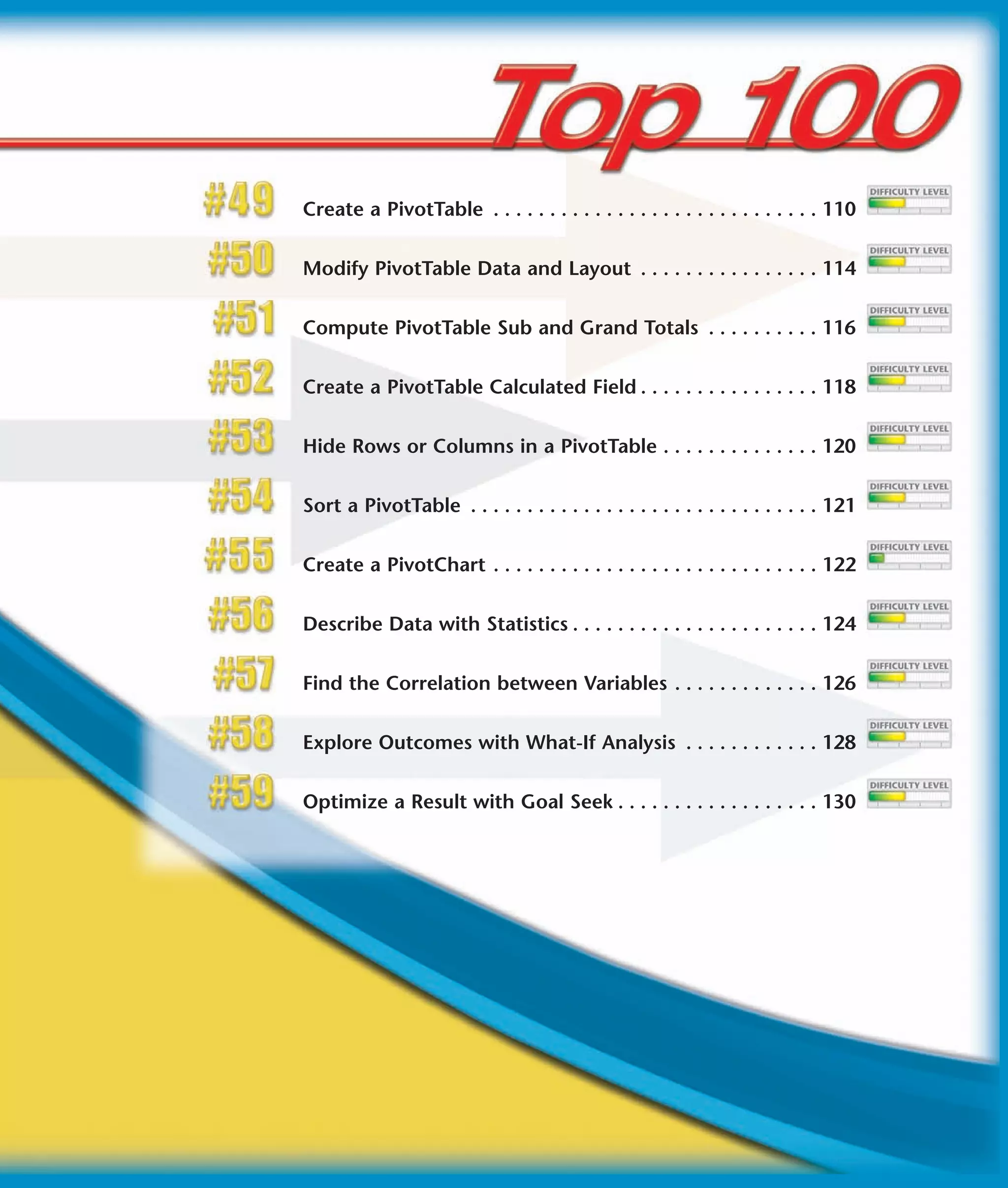 Create a PivotTable . . . . . . . . . . . . . . . . . . . . . . . . . . . . . 110


Modify PivotTable Data and Layout . . . . . . . . . . . . . . . . 114


Compute PivotTable Sub and Grand Totals . . . . . . . . . . 116


Create a PivotTable Calculated Field . . . . . . . . . . . . . . . . 118


Hide Rows or Columns in a PivotTable . . . . . . . . . . . . . . 120


Sort a PivotTable . . . . . . . . . . . . . . . . . . . . . . . . . . . . . . . 121


Create a PivotChart . . . . . . . . . . . . . . . . . . . . . . . . . . . . . 122


Describe Data with Statistics . . . . . . . . . . . . . . . . . . . . . . 124


Find the Correlation between Variables . . . . . . . . . . . . . 126


Explore Outcomes with What-If Analysis . . . . . . . . . . . . 128


Optimize a Result with Goal Seek . . . . . . . . . . . . . . . . . . 130
 