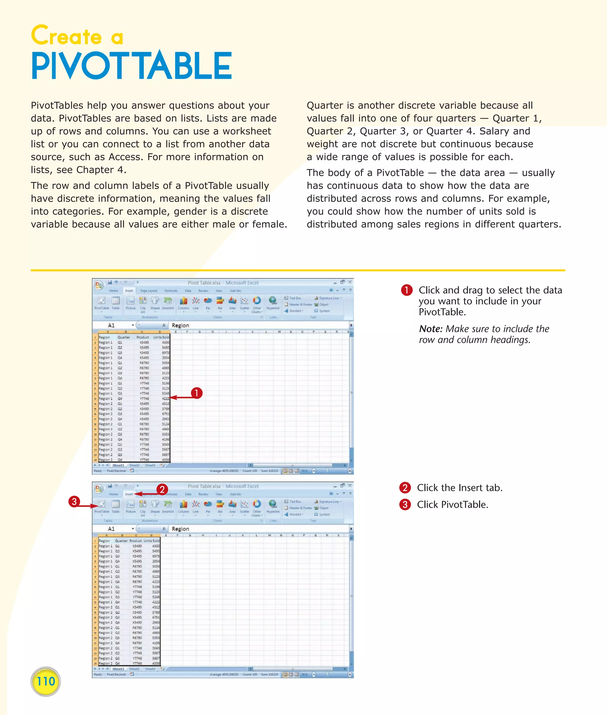 Create a
PIVOTTABLE
PivotTables help you answer questions about your         Quarter is another discrete variable because all
data. PivotTables are based on lists. Lists are made     values fall into one of four quarters — Quarter 1,
up of rows and columns. You can use a worksheet          Quarter 2, Quarter 3, or Quarter 4. Salary and
list or you can connect to a list from another data      weight are not discrete but continuous because
source, such as Access. For more information on          a wide range of values is possible for each.
lists, see Chapter 4.                                    The body of a PivotTable — the data area — usually
The row and column labels of a PivotTable usually        has continuous data to show how the data are
have discrete information, meaning the values fall       distributed across rows and columns. For example,
into categories. For example, gender is a discrete       you could show how the number of units sold is
variable because all values are either male or female.   distributed among sales regions in different quarters.




                                                                             1 Click and drag to select the data
                                                                                you want to include in your
                                                                                PivotTable.
                                                                                Note: Make sure to include the
                                                                                row and column headings.




                                 1




                          2                                                 2 Click the Insert tab.
       3                                                                    3 Click PivotTable.




 110
 