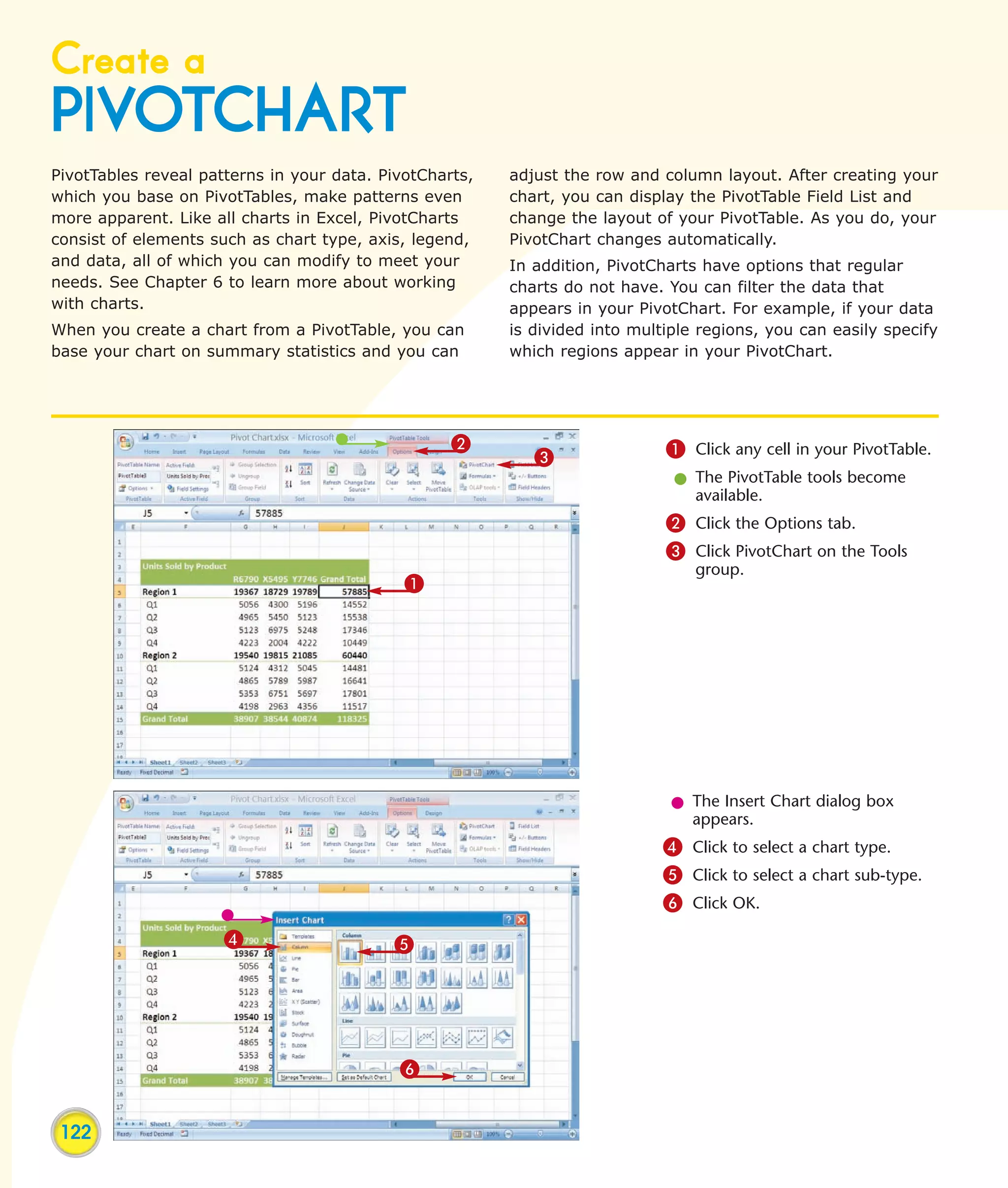 Create a
PIVOTCHART
PivotTables reveal patterns in your data. PivotCharts,   adjust the row and column layout. After creating your
which you base on PivotTables, make patterns even        chart, you can display the PivotTable Field List and
more apparent. Like all charts in Excel, PivotCharts     change the layout of your PivotTable. As you do, your
consist of elements such as chart type, axis, legend,    PivotChart changes automatically.
and data, all of which you can modify to meet your       In addition, PivotCharts have options that regular
needs. See Chapter 6 to learn more about working         charts do not have. You can filter the data that
with charts.                                             appears in your PivotChart. For example, if your data
When you create a chart from a PivotTable, you can       is divided into multiple regions, you can easily specify
base your chart on summary statistics and you can        which regions appear in your PivotChart.




                                                   2                         1 Click any cell in your PivotTable.
                                                            3
                                                                              l The PivotTable tools become
                                                                                available.
                                                                             2 Click the Options tab.
                                                                             3 Click PivotChart on the Tools
                                                                                 group.
                                             1




                                                                              l The Insert Chart dialog box
                                                                                appears.
                                                                             4 Click to select a chart type.
                                                                             5 Click to select a chart sub-type.
                                                                             6 Click OK.
                      4                    5




                                            6


 122
 