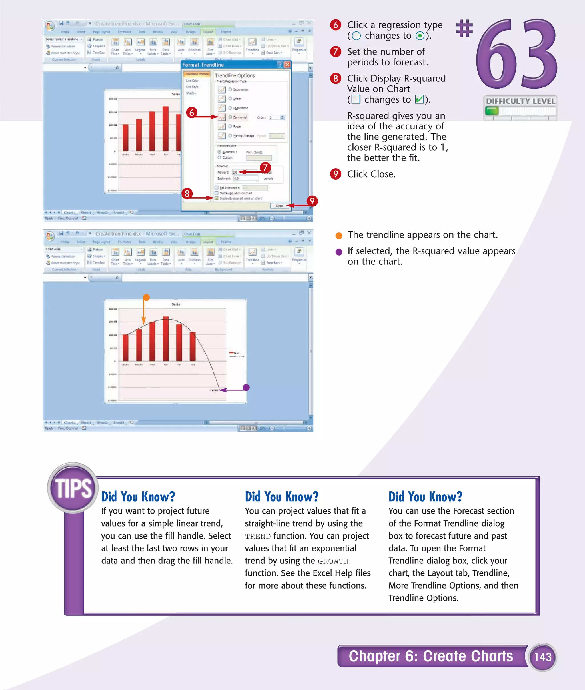 6 Click a regression type
                                                                 (    changes to    ).
                                                            7 Set the number of
                                                                 periods to forecast.
                                                            8 Click Display R-squared
                                                                 Value on Chart
                                                                 ( changes to       ).
                      6                                          R-squared gives you an
                                                                 idea of the accuracy of
                                                                 the line generated. The
                                                                 closer R-squared is to 1,
                                                                 the better the fit.
                                          7
                                                            9 Click Close.
                     8
                                                      9


                                                              l The trendline appears on the chart.
                                                              l If selected, the R-squared value appears
                                                                on the chart.




Did You Know?                         Did You Know?                        Did You Know?
If you want to project future         You can project values that fit a    You can use the Forecast section
values for a simple linear trend,     straight-line trend by using the     of the Format Trendline dialog
you can use the fill handle. Select   TREND function. You can project      box to forecast future and past
at least the last two rows in your    values that fit an exponential       data. To open the Format
data and then drag the fill handle.   trend by using the GROWTH            Trendline dialog box, click your
                                      function. See the Excel Help files   chart, the Layout tab, Trendline,
                                      for more about these functions.      More Trendline Options, and then
                                                                           Trendline Options.




                                                                  Chapter 6: Create Charts                     143
 