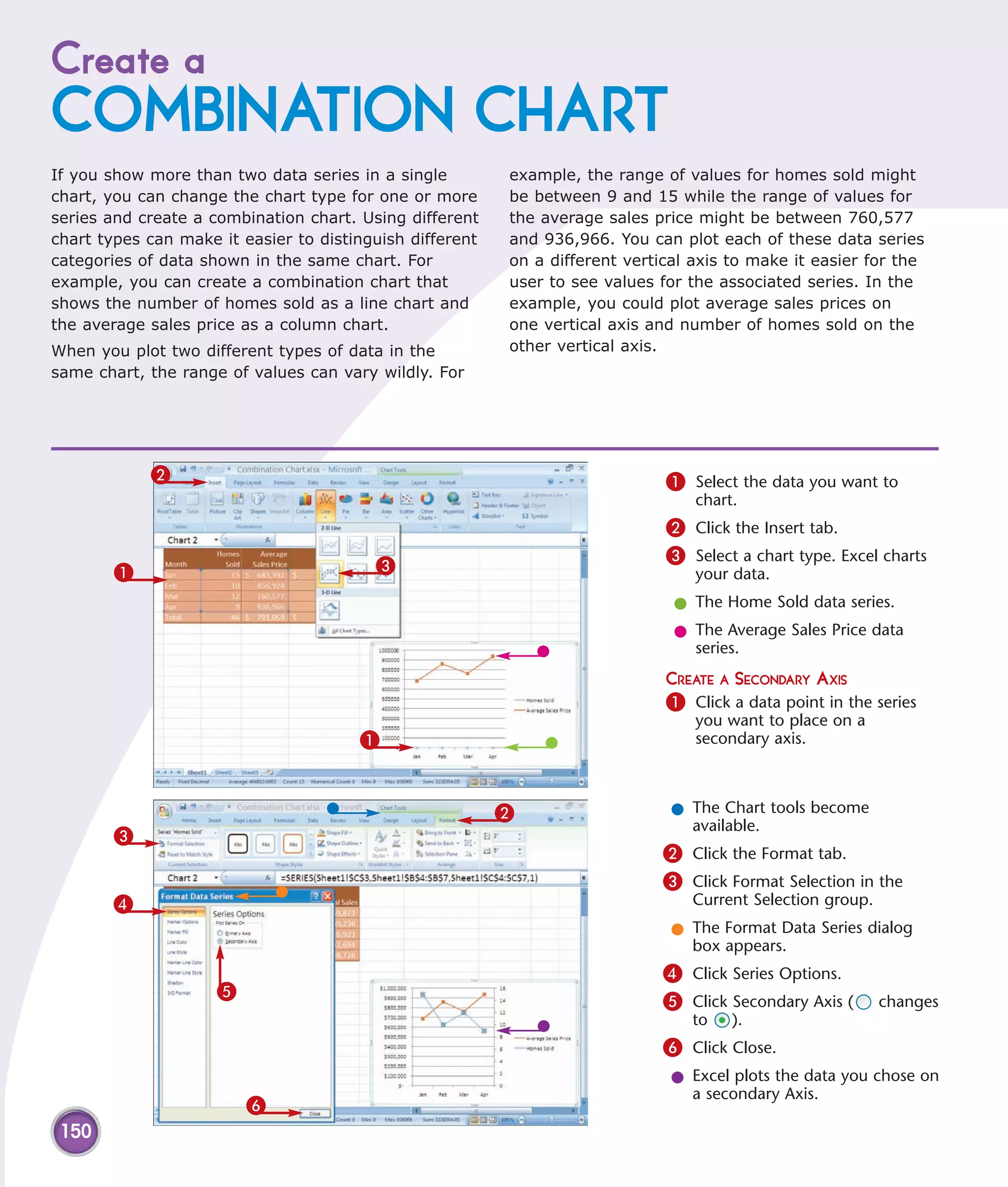 Create a
COMBINATION CHART
If you show more than two data series in a single         example, the range of values for homes sold might
chart, you can change the chart type for one or more      be between 9 and 15 while the range of values for
series and create a combination chart. Using different    the average sales price might be between 760,577
chart types can make it easier to distinguish different   and 936,966. You can plot each of these data series
categories of data shown in the same chart. For           on a different vertical axis to make it easier for the
example, you can create a combination chart that          user to see values for the associated series. In the
shows the number of homes sold as a line chart and        example, you could plot average sales prices on
the average sales price as a column chart.                one vertical axis and number of homes sold on the
When you plot two different types of data in the          other vertical axis.
same chart, the range of values can vary wildly. For




            2                                                                 1 Select the data you want to
                                                                                  chart.
                                                                              2 Click the Insert tab.
                                                                              3 Select a chart type. Excel charts
        1                                3                                        your data.
                                                                               l The Home Sold data series.
                                                                               l The Average Sales Price data
                                                                                 series.
                                                                              CREATE A SECONDARY AXIS
                                                                              1 Click a data point in the series
                                                                                  you want to place on a
                                       1                                          secondary axis.



                                                          2                    l The Chart tools become
                                                                                 available.
        3
                                                                             2 Click the Format tab.
                                                                             3 Click Format Selection in the
        4                                                                        Current Selection group.
                                                                               l The Format Data Series dialog
                                                                                 box appears.
                                                                             4 Click Series Options.
                     5                                                       5 Click Secondary Axis (       changes
                                                                                 to    ).
                                                                             6 Click Close.
                                                                               l Excel plots the data you chose on
                                                                                 a secondary Axis.
                         6
 150
 