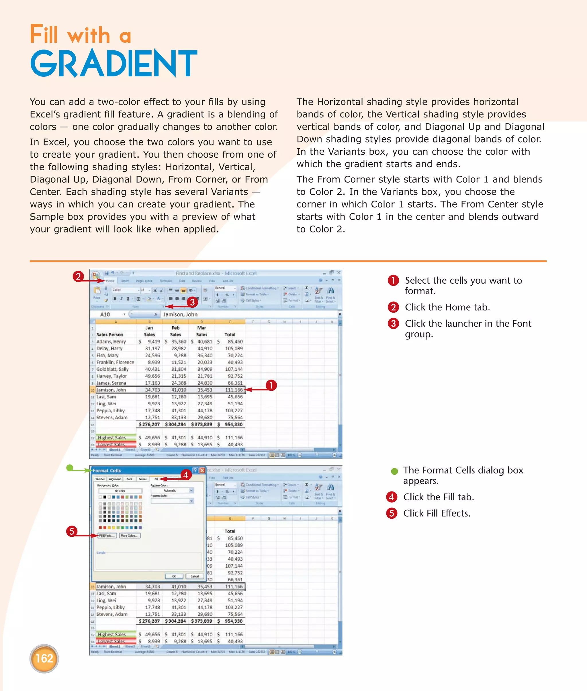 Fill with a
GRADIENT
You can add a two-color effect to your fills by using        The Horizontal shading style provides horizontal
Excel’s gradient fill feature. A gradient is a blending of   bands of color, the Vertical shading style provides
colors — one color gradually changes to another color.       vertical bands of color, and Diagonal Up and Diagonal
In Excel, you choose the two colors you want to use          Down shading styles provide diagonal bands of color.
to create your gradient. You then choose from one of         In the Variants box, you can choose the color with
the following shading styles: Horizontal, Vertical,          which the gradient starts and ends.
Diagonal Up, Diagonal Down, From Corner, or From             The From Corner style starts with Color 1 and blends
Center. Each shading style has several Variants —            to Color 2. In the Variants box, you choose the
ways in which you can create your gradient. The              corner in which Color 1 starts. The From Center style
Sample box provides you with a preview of what               starts with Color 1 in the center and blends outward
your gradient will look like when applied.                   to Color 2.




         2                                                                      1 Select the cells you want to
                                                                                    format.
                                    3                                           2 Click the Home tab.
                                                                                3 Click the launcher in the Font
                                                                                    group.




                                                       1




                                   4                                             l The Format Cells dialog box
                                                                                   appears.
                                                                                4 Click the Fill tab.
                                                                                5 Click Fill Effects.
        5




 162
 