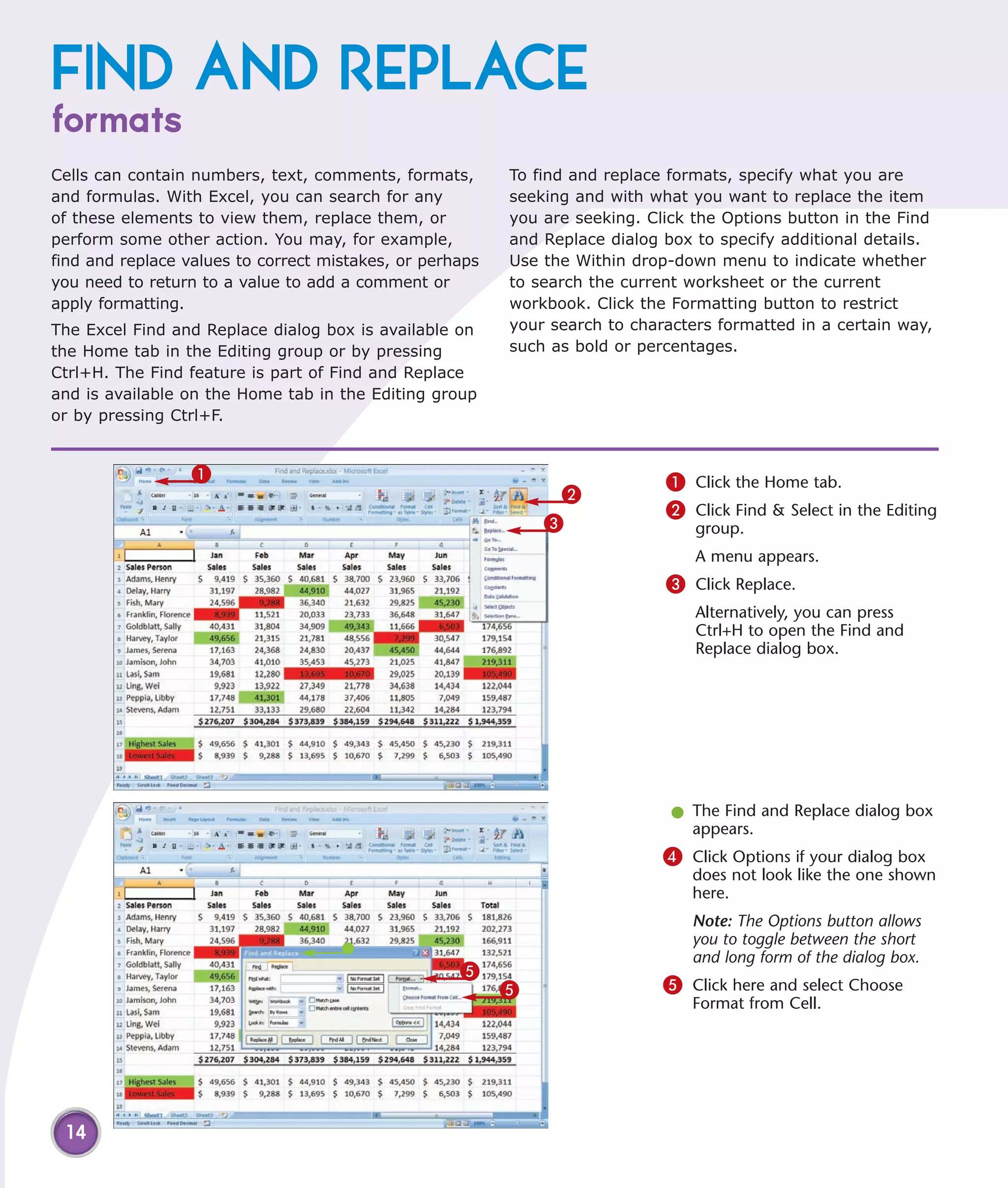 FIND AND REPLACE
formats
Cells can contain numbers, text, comments, formats,       To find and replace formats, specify what you are
and formulas. With Excel, you can search for any          seeking and with what you want to replace the item
of these elements to view them, replace them, or          you are seeking. Click the Options button in the Find
perform some other action. You may, for example,          and Replace dialog box to specify additional details.
find and replace values to correct mistakes, or perhaps   Use the Within drop-down menu to indicate whether
you need to return to a value to add a comment or         to search the current worksheet or the current
apply formatting.                                         workbook. Click the Formatting button to restrict
The Excel Find and Replace dialog box is available on     your search to characters formatted in a certain way,
the Home tab in the Editing group or by pressing          such as bold or percentages.
Ctrl+H. The Find feature is part of Find and Replace
and is available on the Home tab in the Editing group
or by pressing Ctrl+F.


                  1                                                          1 Click the Home tab.
                                                               2
                                                                             2 Click Find & Select in the Editing
                                                              3                  group.
                                                                                 A menu appears.
                                                                             3 Click Replace.
                                                                                 Alternatively, you can press
                                                                                 Ctrl+H to open the Find and
                                                                                 Replace dialog box.




                                                                              l The Find and Replace dialog box
                                                                                appears.
                                                                             4 Click Options if your dialog box
                                                                                does not look like the one shown
                                                                                here.
                                                                                Note: The Options button allows
                                                                                you to toggle between the short
                                                                                and long form of the dialog box.
                                                    5
                                                          5                  5 Click here and select Choose
                                                                                Format from Cell.




 14
 