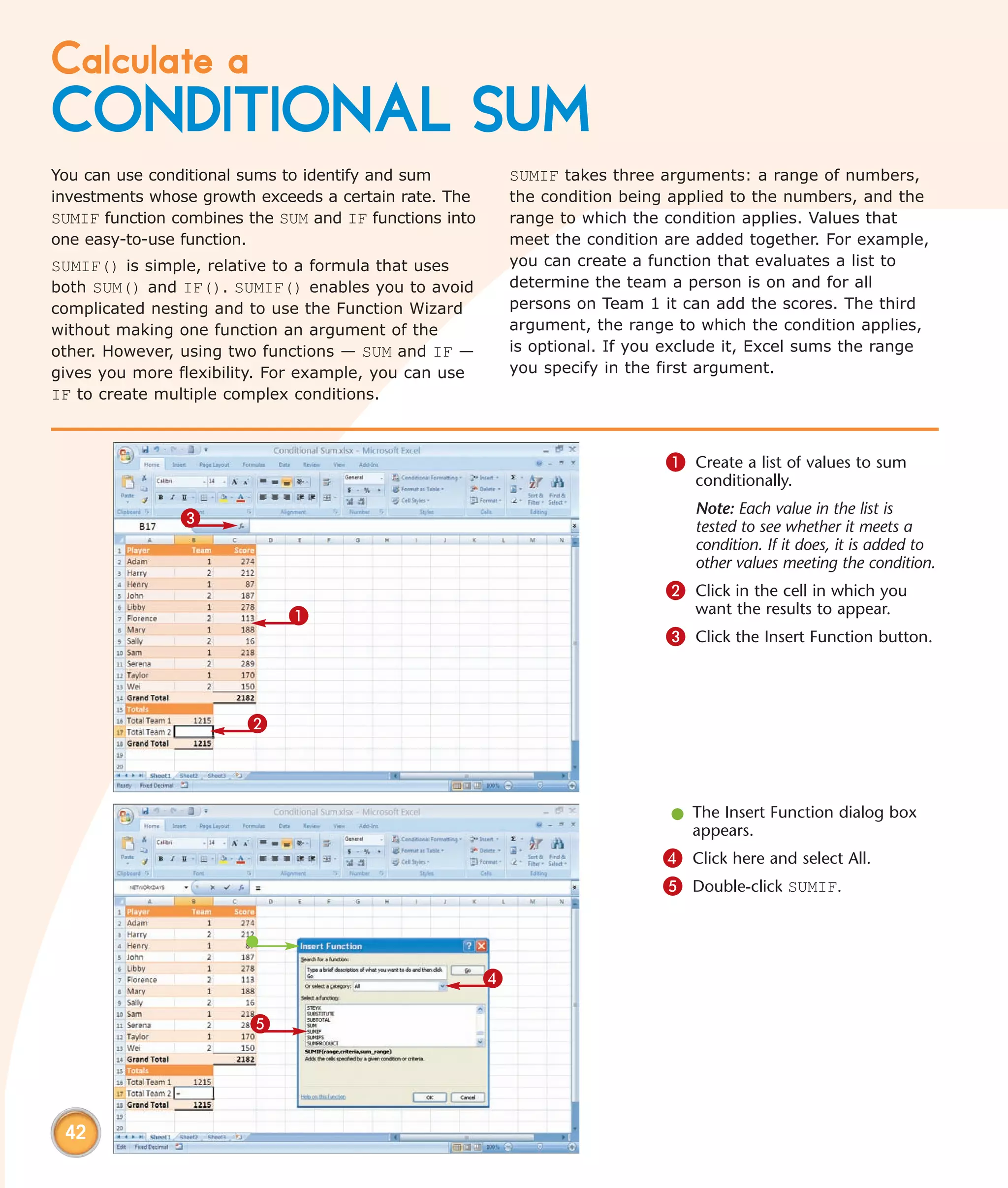 Calculate a
CONDITIONAL SUM
You can use conditional sums to identify and sum            SUMIF takes three arguments: a range of numbers,
investments whose growth exceeds a certain rate. The        the condition being applied to the numbers, and the
SUMIF function combines the SUM and IF functions into       range to which the condition applies. Values that
one easy-to-use function.                                   meet the condition are added together. For example,
SUMIF() is simple, relative to a formula that uses          you can create a function that evaluates a list to
both SUM() and IF(). SUMIF() enables you to avoid           determine the team a person is on and for all
complicated nesting and to use the Function Wizard          persons on Team 1 it can add the scores. The third
without making one function an argument of the              argument, the range to which the condition applies,
other. However, using two functions — SUM and IF —          is optional. If you exclude it, Excel sums the range
gives you more flexibility. For example, you can use        you specify in the first argument.
IF to create multiple complex conditions.



                                                                               1 Create a list of values to sum
                                                                                   conditionally.
                                                                                   Note: Each value in the list is
                3                                                                  tested to see whether it meets a
                                                                                   condition. If it does, it is added to
                                                                                   other values meeting the condition.
                                                                               2 Click in the cell in which you
                             1                                                     want the results to appear.
                                                                               3 Click the Insert Function button.



                        2



                                                                                l The Insert Function dialog box
                                                                                  appears.
                                                                               4 Click here and select All.
                                                                               5 Double-click SUMIF.



                                                        4

                        5




 42
 