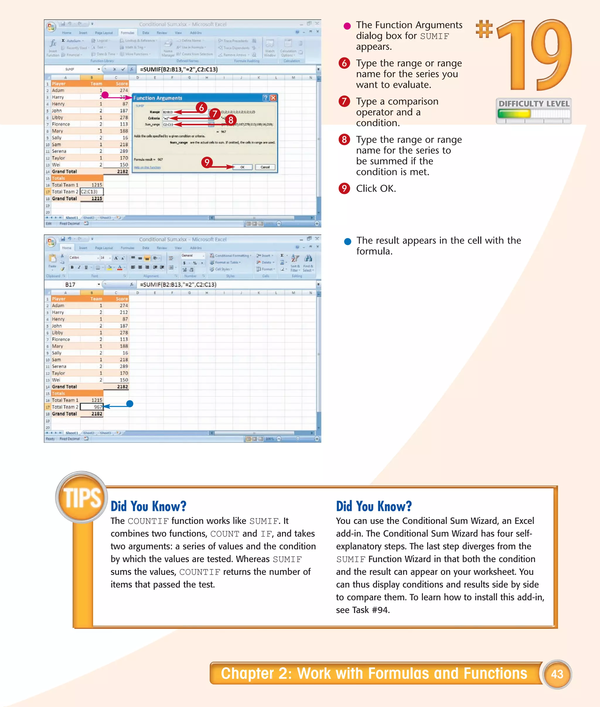 l The Function Arguments
                                                         dialog box for SUMIF
                                                         appears.
                                                      6 Type the range or range
                                                           name for the series you
                                                           want to evaluate.
                                                      7 Type a comparison
                     6
                         7                                 operator and a
                             8                             condition.
                                                      8 Type the range or range
                                                           name for the series to
                      9                                    be summed if the
                                                           condition is met.
                                                      9 Click OK.



                                                       l The result appears in the cell with the
                                                         formula.




Did You Know?                                         Did You Know?
The COUNTIF function works like SUMIF. It             You can use the Conditional Sum Wizard, an Excel
combines two functions, COUNT and IF, and takes       add-in. The Conditional Sum Wizard has four self-
two arguments: a series of values and the condition   explanatory steps. The last step diverges from the
by which the values are tested. Whereas SUMIF         SUMIF Function Wizard in that both the condition
sums the values, COUNTIF returns the number of        and the result can appear on your worksheet. You
items that passed the test.                           can thus display conditions and results side by side
                                                      to compare them. To learn how to install this add-in,
                                                      see Task #94.




                           Chapter 2: Work with Formulas and Functions                                        43
 