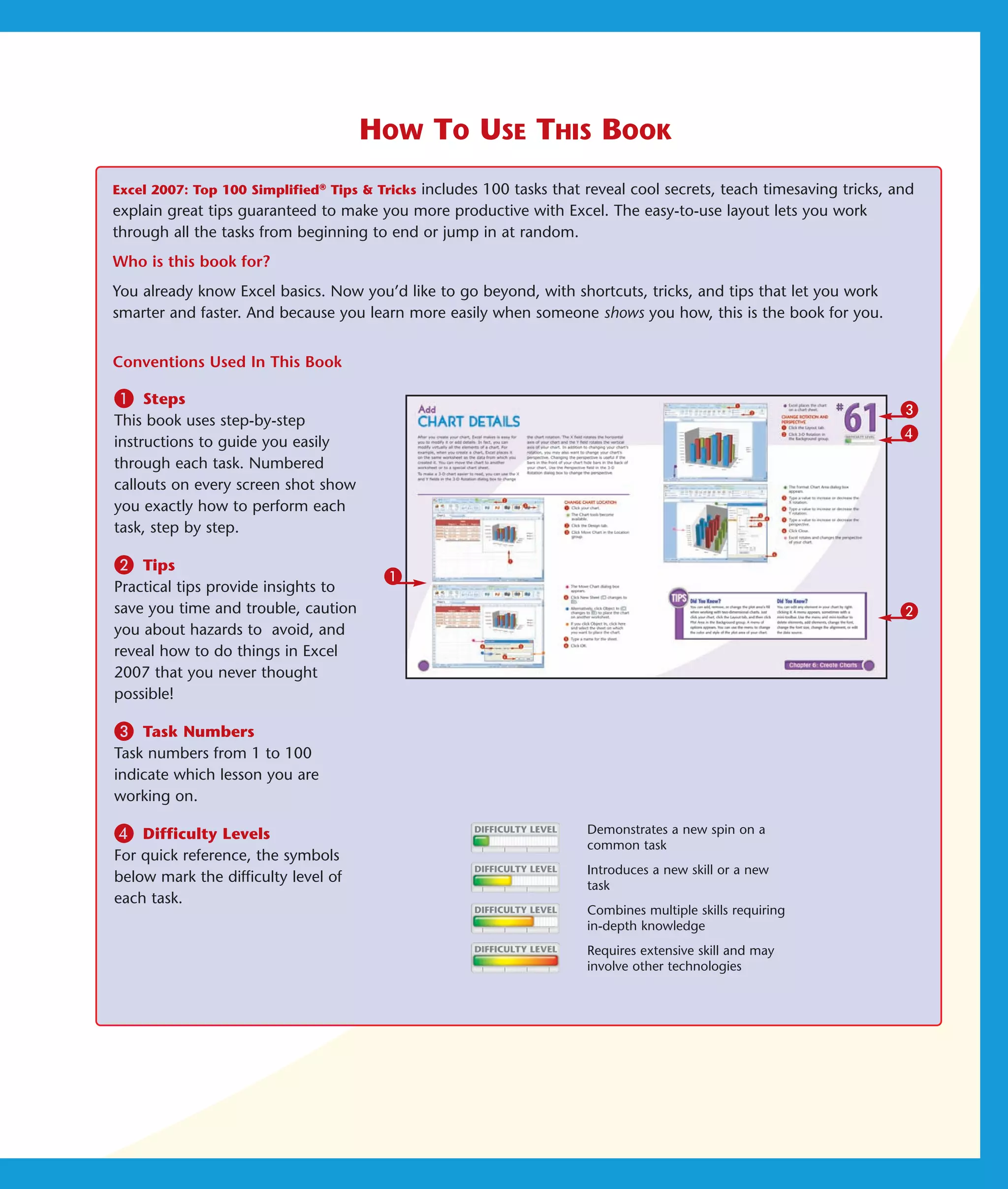 HOW TO USE THIS BOOK
Excel 2007: Top 100 Simplified® Tips & Tricks includes 100 tasks that reveal cool secrets, teach timesaving tricks, and
explain great tips guaranteed to make you more productive with Excel. The easy-to-use layout lets you work
through all the tasks from beginning to end or jump in at random.
Who is this book for?
You already know Excel basics. Now you’d like to go beyond, with shortcuts, tricks, and tips that let you work
smarter and faster. And because you learn more easily when someone shows you how, this is the book for you.


Conventions Used In This Book

1    Steps
                                                                                                                    3
This book uses step-by-step
instructions to guide you easily
                                                                                                                    4
through each task. Numbered
callouts on every screen shot show
you exactly how to perform each
task, step by step.

2   Tips
                                        1
Practical tips provide insights to
save you time and trouble, caution                                                                                  2
you about hazards to avoid, and
reveal how to do things in Excel
2007 that you never thought
possible!

3   Task Numbers
Task numbers from 1 to 100
indicate which lesson you are
working on.

4   Difficulty Levels                                                 Demonstrates a new spin on a
                                                                      common task
For quick reference, the symbols
                                                                      Introduces a new skill or a new
below mark the difficulty level of
                                                                      task
each task.
                                                                      Combines multiple skills requiring
                                                                      in-depth knowledge
                                                                      Requires extensive skill and may
                                                                      involve other technologies
 