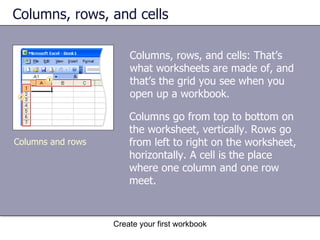 Columns, rows, and cells Columns go from top to bottom on the worksheet, vertically. Rows go from left to right on the worksheet, horizontally. A cell is the place where one column and one row meet.  Create your first workbook Columns and rows Columns, rows, and cells: That’s what worksheets are made of, and that’s the grid you see when you open up a workbook.  