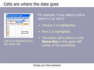 Cells are where the data goes Create your first workbook Cell C5 is selected and is the active cell. For example, if you select a cell in column C on row 5: Column C is highlighted.  Row 5 is highlighted.  The active cell is shown in the  Name Box  in the upper-left corner of the worksheet.  