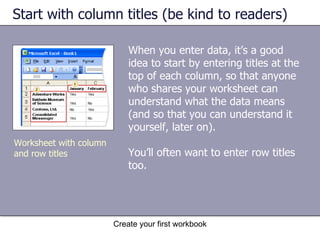 Start with column titles (be kind to readers) When you enter data, it’s a good idea to start by entering titles at the top of each column, so that anyone who shares your worksheet can understand what the data means (and so that you can understand it yourself, later on). You’ll often want to enter row titles too.  Create your first workbook Worksheet with column and row titles 