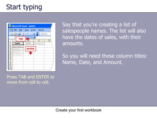 Start typing Say that you’re creating a list of salespeople names. The list will also have the dates of sales, with their amounts.  So you will need these column titles: Name, Date, and Amount.  Create your first workbook Press TAB and ENTER to move from cell to cell. 