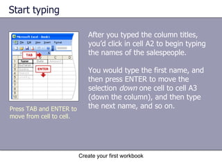 Start typing After you typed the column titles, you’d click in cell A2 to begin typing the names of the salespeople.  You would type the first name, and then press ENTER to move the selection  down  one cell to cell A3 (down the column), and then type the next name, and so on.  Create your first workbook Press TAB and ENTER to move from cell to cell. 