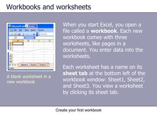 Workbooks and worksheets When you start Excel, you open a file called a  workbook . Each new workbook comes with three worksheets, like pages in a document. You enter data into the worksheets.  Create your first workbook A blank worksheet in a new workbook Each worksheet has a name on its  sheet tab  at the bottom left of the workbook window: Sheet1, Sheet2, and Sheet3. You view a worksheet by clicking its sheet tab.  