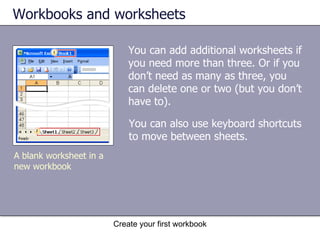 Workbooks and worksheets You can add additional worksheets if you need more than three. Or if you don’t need as many as three, you can delete one or two (but you don’t have to).  Create your first workbook A blank worksheet in a new workbook You can also use keyboard shortcuts to move between sheets.  