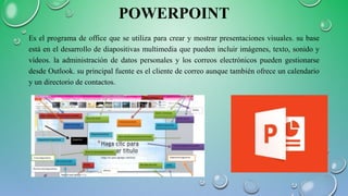 POWERPOINT
Es el programa de office que se utiliza para crear y mostrar presentaciones visuales. su base
está en el desarrollo de diapositivas multimedia que pueden incluir imágenes, texto, sonido y
vídeos. la administración de datos personales y los correos electrónicos pueden gestionarse
desde Outlook. su principal fuente es el cliente de correo aunque también ofrece un calendario
y un directorio de contactos.
 