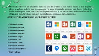 Microsoft office es un excelente servicio que le ayudará a dar rienda suelta a sus mejores
ideas, a realizar todo lo que se proponga y a estar conectado mientras está fuera. Solo debe
iniciar sesión para tener una experiencia personalizada y las aplicaciones más actualizadas de
office, con características nuevas y mejoradas que se añaden periódicamente.
OTRAS APLICACIONES DE MICROSOFT OFFICE
 Microsoft Access
 Microsoft Outlook
 Microsoft OneNote
 Microsoft InfoPath
 Microsoft Project
 Microsoft Visio
 Microsoft Teams
 Microsoft Planners
 Microsoft One Drive
Entre otras,
 