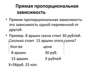 Прямая пропорциональная
     зависимость
• Прямая пропорциональная зависимость-
  это зависимость одной переменной от
  другой.
• Пример. 8 аршин сукна стоит 30 рублей.
  Сколько стоит 15 аршин этого сукна?
   Кол-во           цена
   8 аршин           30 руб.
   15 аршин          Х рублей
  Х=56руб. 25 коп.
 