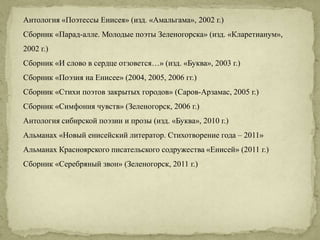 Антология «Поэтессы Енисея» (изд. «Амальгама», 2002 г.)
Сборник «Парад-алле. Молодые поэты Зеленогорска» (изд. «Кларетианум»,
2002 г.)
Сборник «И слово в сердце отзовется…» (изд. «Буква», 2003 г.)
Сборник «Поэзия на Енисее» (2004, 2005, 2006 гг.)
Сборник «Стихи поэтов закрытых городов» (Саров-Арзамас, 2005 г.)
Сборник «Симфония чувств» (Зеленогорск, 2006 г.)
Антология сибирской поэзии и прозы (изд. «Буква», 2010 г.)
Альманах «Новый енисейский литератор. Стихотворение года – 2011»
Альманах Красноярского писательского содружества «Енисей» (2011 г.)
Сборник «Серебряный звон» (Зеленогорск, 2011 г.)
 