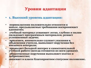 Уровни адаптации

• 1. Высокий уровень адаптации:

•   первоклассник положительно относится к
    школе, предъявляемые требования воспринимает
    адекватно;
•   учебный материал усваивает легко, глубоко и полно
    овладевает программным материалом, решает
    усложненные задачи;
•   прилежен, внимательно слушает указания и
    объяснения учителя, выполняет поручения без
    внешнего контроля;
•   проявляет большой интерес к самостоятельной
    учебной работе (всегда готовится ко всем урокам);
•   общественные поручения выполняет охотно и
    добросовестно;
•   занимает в классе благоприятное статусное положение.
 