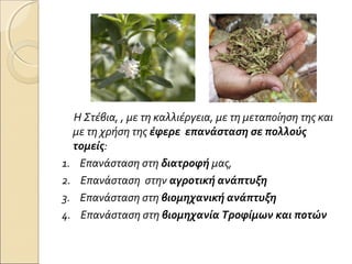 Η Στέβια, , με τη καλλιέργεια, με τη μεταποίηση της και
με τη χρήση της έφερε επανάσταση σε πολλούς
τομείς:
1. Επανάσταση στη διατροφή μας,
2. Επανάσταση στην αγροτική ανάπτυξη
3. Επανάσταση στη βιομηχανική ανάπτυξη
4. Επανάσταση στη βιομηχανία Τροφίμων και ποτών
 