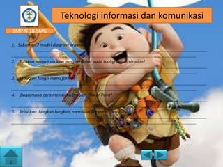 Teknologi informasi dan komunikasi
SMP N 18 SMG
1. Sebutkan 7 model diagram organisai !
.....................................................................................................................................................
...............................................................................................................................................................
2. Tuliskan nama icon icon yang terdapat pada tool group ilustration!
.....................................................................................................................................................
...............................................................................................................................................................
3. Sebutkan fungsi menu format !
.....................................................................................................................................................
...............................................................................................................................................................
4. Bagaimana cara membuka progam Power Point!
.....................................................................................................................................................
...............................................................................................................................................................
5. Sebutkan langkah langkah membuat file presentasi baru !
.....................................................................................................................................................
...............................................................................................................................................................

 