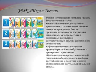 УМК «Школа России»
Учебно-методический комплекс «Школа
России» сегодня — это:
• мощный потенциал для духовнонравственного развития и воспитания
личности гражданина России;
• реальная возможность достижения
личностных, метапредметных и
предметных результатов,
соответствующих задачам современного
образования;
• эффективное сочетание лучших
традиций российского образования и
проверенных практиками
образовательного процесса инноваций;
• постоянно обновляющаяся, наиболее
востребованная и понятная учителю
образовательная система для начальной
школы.

 