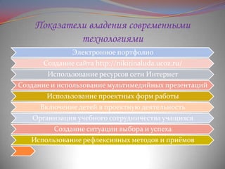 Показатели владения современными
технологиями
Электронное портфолио
Создание сайта http://nikitinaluda.ucoz.ru/
Использование ресурсов сети Интернет

Создание и использование мультимедийных презентаций
Использование проектных форм работы
Включение детей в проектную деятельность
Организация учебного сотрудничества учащихся
Создание ситуации выбора и успеха
Использование рефлексивных методов и приёмов

 