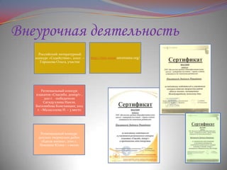 Внеурочная деятельность
Российский литературный
конкурс «Содействие», 2010г. –
Горшкова Ольга, участие

Региональный конкурс
плакатов «Спасибо, донор!» ,
2011 г. -победители
Сагидуллина Наиля,
Боголюбова Констанция; 2012
г. –Маласолова Н. – 3 место

Региональный конкурс
детских творческих работ
«Капля жизни», 2010 г.
Лежнина Юлия – 1 место

http://liter.assist ancerussia.org/

 