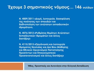 Έχουμε 3 σημαντικούς νόμους… 146 σελίδων 
Ν. 4009/2011 «Δομή, λειτουργία, διασφάλιση 
της ποιότητας των σπουδών και 
διεθνοποίηση των ανώτατων εκπαιδευτικών 
ιδρυμάτων», 
Ν. 4076/2012 «Ρυθμίσεις θεμάτων Ανώτατων 
Εκπαιδευτικών Ιδρυμάτων και άλλες 
διατάξεις» 
Ν. 4115/2013 «Οργάνωση και λειτουργία 
Ιδρύματος Νεολαίας και Δια Βίου Μάθησης 
και Εθνικού Οργανισμού Πιστοποίησης 
Προσόντων και Επαγγελματικού 
Προσανατολισμού και άλλες διατάξεις» 
Ήθος, Προοπτικές και Αυτονόητα στην Ελληνική Εκπαίδευση 
 