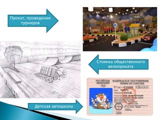 Прокат, проведение
турниров
Детская автошкола
Стоянка общественного
велопроката
 