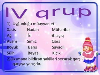 1) Uyğunluğu müəyyən et:
Xəsis Nadan Müharibə
Ağ İri Əliaçıq
Avam Simic Qara
Böyük Barış Savadlı
Sülh Bəyaz Kiçik
2)Əksməna bildirən şəkilləri seçərək qarşı-
qarşıya yapışdır.
 