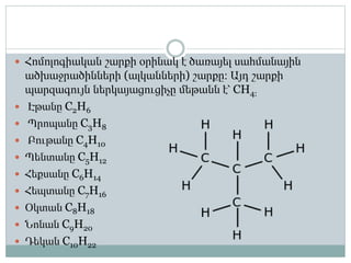  Հոմոլոգիական շարքի օրինակ է ծառայել սահմանային
ածխաջրածինների (ալկանների) շարքը։ Այդ շարքի
պարզագույն ներկայացուցիչը մեթանն է՝ CH4:
 Էթանը C2H6
 Պրոպանը C3H8
 Բութանը C4H10
 Պենտանը C5H12
 Հեքսանը C6H14
 Հեպտանը C7H16
 Օկտան C8H18
 Նոնան C9H20
 Դեկան C10H22
 