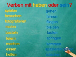 Verben mit haben oder sein?
spielen gehen
fahrenbesuchen
fotografieren fliegen
malen
basteln
bleiben
laufen
springen
kommen
feiern
machen
essen spazieren gehen
rutschenhelfen
 
