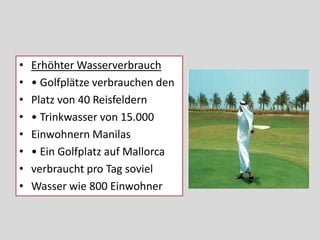 •   Erhöhter Wasserverbrauch
•   • Golfplätze verbrauchen den
•   Platz von 40 Reisfeldern
•   • Trinkwasser von 15.000
•   Einwohnern Manilas
•   • Ein Golfplatz auf Mallorca
•   verbraucht pro Tag soviel
•   Wasser wie 800 Einwohner
 