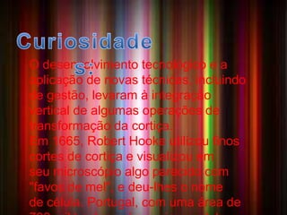 A CORTIÇA 
• A Cortiça é um material de 
origem vegetal da casca 
dos sobreiros ,leve e com grande poder 
isolante. A razão pela qual a cortiça possui 
estas características é a sua composição 
rica em suberina, uma substância lipídica 
(gordurosa) que se acumula na parede 
celular. 
O desenvolvimento tecnológico e a 
aplicação de novas técnicas, incluindo 
de gestão, levaram à integração 
vertical de algumas operações de 
transformação da cortiça. 
Em 1665, Robert Hooke utilizou finos 
cortes de cortiça e visualizou em 
seu microscópio algo parecido com 
"favos de mel", e deu-lhes o nome 
de célula. Portugal, com uma área de 
730 mil hectares é o maior produtor 
 