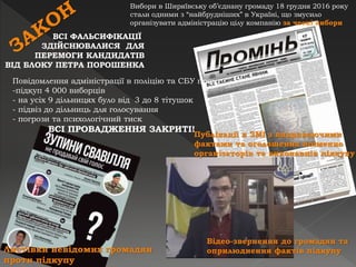 Листівки невідомих громадян
проти підкупу
Відео-звернення до громадян та
оприлюднення фактів підкупу
Публікації в ЗМІ з викриваючими
фактами та оголошення поіменно
організаторів та виконавців підкупу
Повідомлення адміністрації в поліцію та СБУ про:
-підкуп 4 000 виборців
- на усіх 9 дільницях було від 3 до 8 тітушок
- підвіз до дільниць для голосування
- погрози та психологічний тиск
ВСІ ПРОВАДЖЕННЯ ЗАКРИТІ!
Вибори в Ширяївську об’єднану громаду 18 грудня 2016 року
стали одними з “найбрудніших” в Україні, що змусило
організувати адміністрацію цілу компанію за чесні вибори
ВСІ ФАЛЬСИФІКАЦІЇ
ЗДІЙСНЮВАЛИСЯ ДЛЯ
ПЕРЕМОГИ КАНДИДАТІВ
ВІД БЛОКУ ПЕТРА ПОРОШЕНКА
 