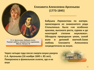 Елизавета Алексеевна Арсеньева
(1773-1845)
Е. А. Арсеньева, бабушка поэта.
Портрет работы неизвестного художника.
Масло. Начало 19
Бабушка Лермонтова по матери.
происходила из знаменитого рода
Столыпиных. Была «не особенно
красива, высокого роста, сурова и до
некоторой степени неуклюжа».
Обладала природным умом, силой
воли и деловой хваткой.Свою
любовь Елизавета Алексеевна
сосредоточила на внуке.
Через четыре года после смерти внука умерла
Е.А. Арсеньева (16 ноября 1845 г. 85 лет).
Похоронена в фамильном склепе, где и ее
внук.
12
 