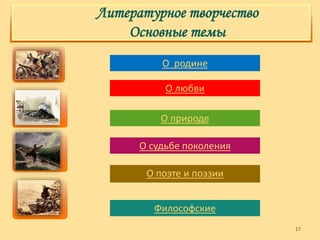 Литературное творчество
Основные темы
О поэте и поэзии
О родине
О судьбе поколения
О природе
О любви
Философские
17
 