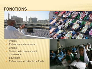fonctionsPrièresÉvénements du ramadanCharitéCentre de la communauté musulmaneÉducation Événements et collecte de fonds