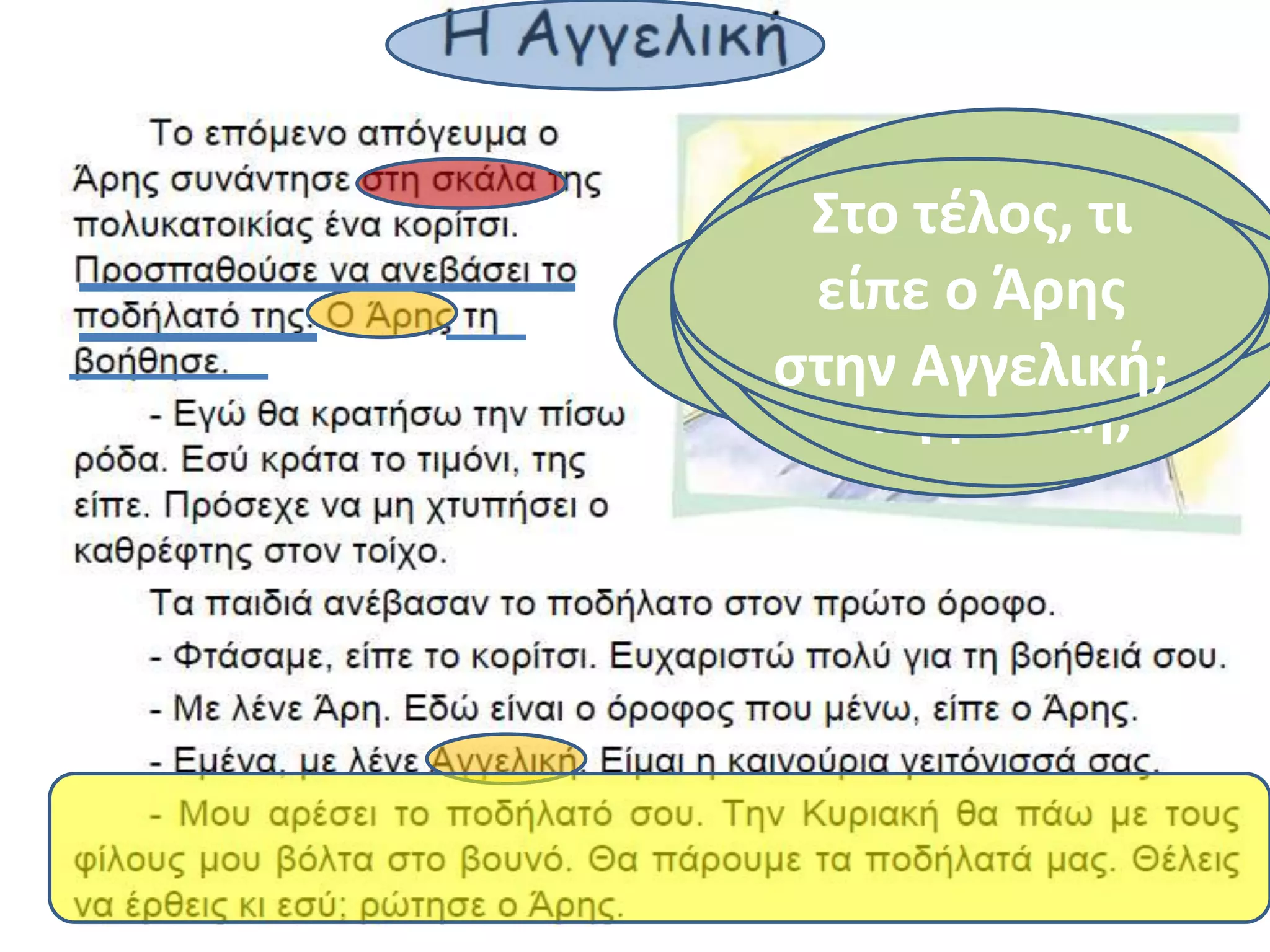 Διαβάζουμε
2 φορές…
Ποιος είναι
ο τίτλος;
Ποιοι
μιλούν στο
κείμενο;
Πού
συναντήθηκαν
τα παιδιά;
Τι
προσπαθούσε
να κάνει η
Αγγελική;
Τι έκανε τότε ο
Άρης;
Στη συνέχεια
τι έκαναν τα
παιδιά;
Στο τέλος, τι
είπε ο Άρης
στην Αγγελική;
 