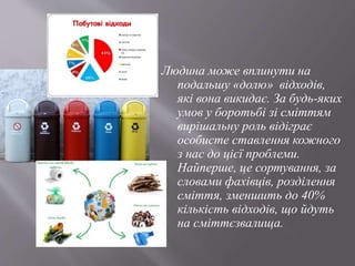 Людина може вплинути на
подальшу «долю» відходів,
які вона викидає. За будь-яких
умов у боротьбі зі сміттям
вирішальну роль відіграє
особисте ставлення кожного
з нас до цієї проблеми.
Найперше, це сортування, за
словами фахівців, розділення
сміття, зменшить до 40%
кількість відходів, що йдуть
на сміттєзвалища.
 