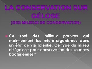    Ce sont des milieux pauvres qui
    maintiennent les micro-organismes dans
    un état de vie ralentie. Ce type de milieu
    dit "gélose pour conservation des souches
    bactériennes "
 