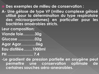  Des exemples de milieu de conservation :
A- Une gélose de type VF (milieu complexe gélosé
  utilisé pour la détermination du type respiratoire
  des microorganismes) en particulier pour les
  bactéries anaérobies stricts.
Leur composition:
Viande foie………30g
Glucose ………….02g
Agar Agar………...06g
Eau distillée…….1000ml
PH ……………….. 7.4
-Le gradient de pression partielle en oxygène peut
  permettre une conservation optimale de
  certaines souches aéro-anearobies.
 