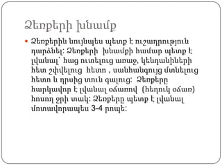 Ձեռքերի խնամք
 Ձեռքերին նույնպես պետք է ուշադրություն
դարձնել: Ձեռքերի խնամքի համար պետք է
լվանալ` հաց ուտելուց առաջ, կենդանիների
հետ շփվելուց հետո , սանհանգույց մտնելուց
հետո և դրսից տուն գալուց: Ձեռքերը
հարկավոր է լվանալ օճառով (հեղուկ օճառ)
հոսող ջրի տակ: Ձեռքերը պետք է լվանալ
մոտավորապես 3-4 րոպե:
 
