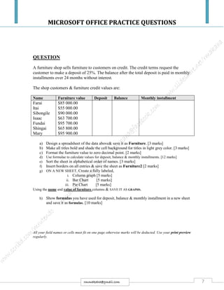 MICROSOFT OFFICE PRACTICE QUESTIONS
7rmmakaha@gmail.com
QUESTION
A furniture shop sells furniture to customers on credit. The credit terms request the
customer to make a deposit of 25%. The balance after the total deposit is paid in monthly
installments over 24 months without interest.
The shop customers & furniture credit values are:
Name Furniture value Deposit Balance Monthly installment
Farai
Itai
Sibongile
Isaac
Fundai
Shingai
Mary
$85 000.00
$55 000.00
$90 000.00
$63 700.00
$95 700.00
$65 800.00
$95 900.00
a) Design a spreadsheet of the data above& save it as Furniture. [3 marks]
b) Make all titles bold and shade the cell background for titles in light grey color. [3 marks]
c) Format the furniture value to zero decimal point. [2 marks]
d) Use formulae to calculate values for deposit, balance & monthly installments. [12 marks]
e) Sort the sheet in alphabetical order of names. [3 marks]
f) Insert borders on all entries & save the sheet as Furniture2 [2 marks]
g) ON A NEW SHEET, Create a fully labeled,
i. Column graph [5 marks]
ii. Bar Chart [5 marks]
iii. Pie Chart [5 marks]
Using the name and value of furniture columns & SAVE IT AS GRAPHS.
h) Show formulas you have used for deposit, balance & monthly installment in a new sheet
and save it as formulas. [10 marks]
All your field names or cells must fit on one page otherwise marks will be deducted. Use your print preview
regularly.
 