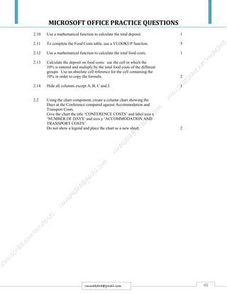 MICROSOFT OFFICE PRACTICE QUESTIONS
48rmmakaha@gmail.com
2.10 Use a mathematical function to calculate the total deposit. 1
2.11 To complete the Food Costs table, use a VLOOKUP function. 5
2.12 Use a mathematical function to calculate the total food costs. 1
2.13 Calculate the deposit on food costs: use the cell in which the
10% is entered and multiply by the total food costs of the different
groups. Use an absolute cell reference for the cell containing the
10% in order to copy the formula. 2
2.14 Hide all columns except A, B, C and J. 1
2.2 Using the chart component, create a column chart showing the
Days at the Conference compared against Accommodation and
Transport Costs.
Give the chart the title ‘CONFERENCE COSTS’ and label axis x
‘NUMBER OF DAYS’ and axis y ‘ACCOMMODATION AND
TRANSPORT COSTS’.
Do not show a legend and place the chart as a new sheet. 2
 